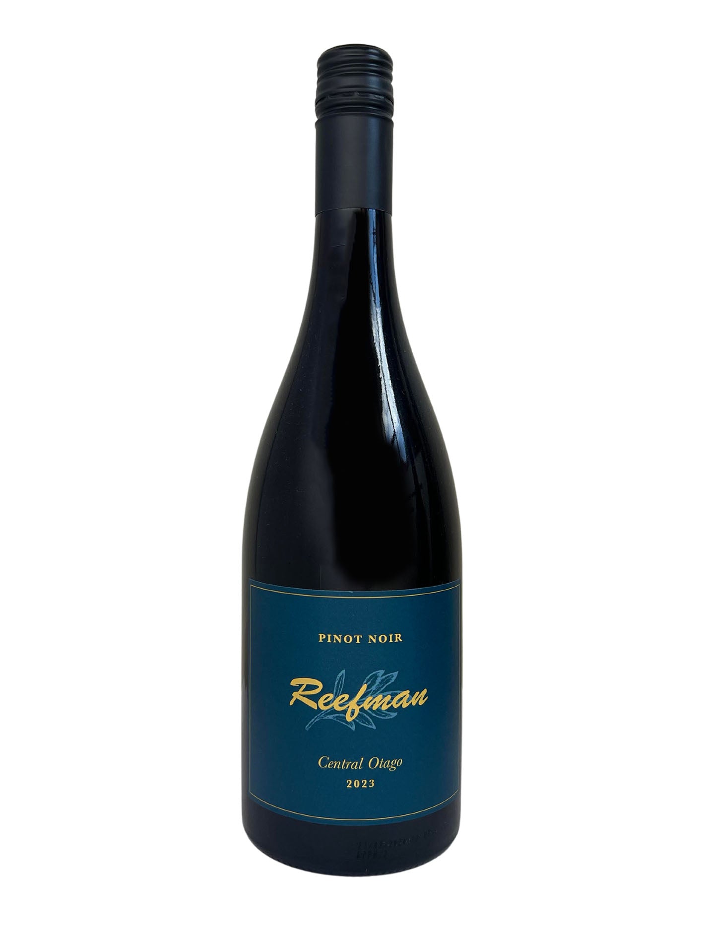 A bottle of Reefman Pinot Noir 2023 wine with a label that includes the name 'Reefman' and 'Pinot Noir 2023'.

