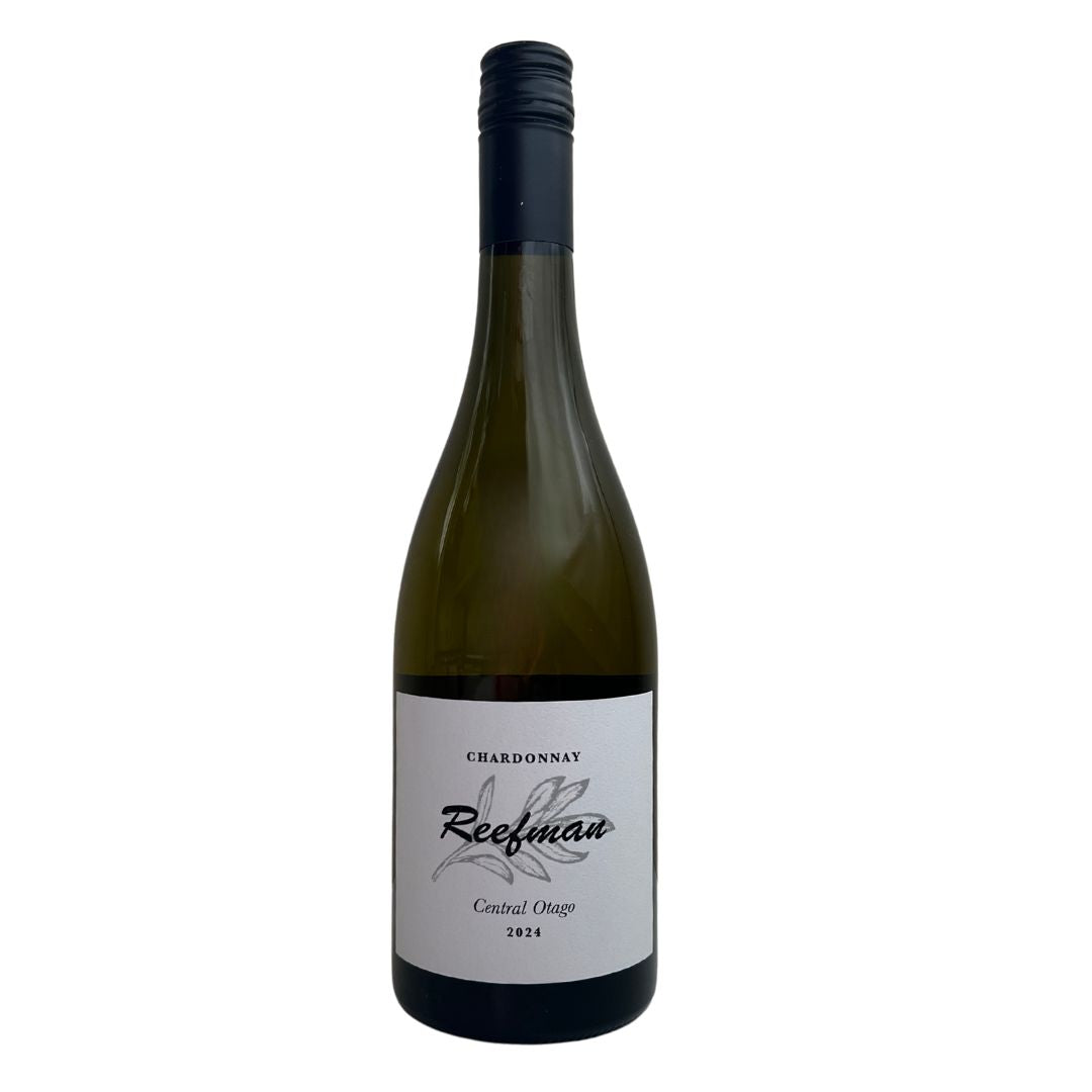 Bottle of Chardonnay wine with a white label, black text, and the year 2024 indicated. Reefman